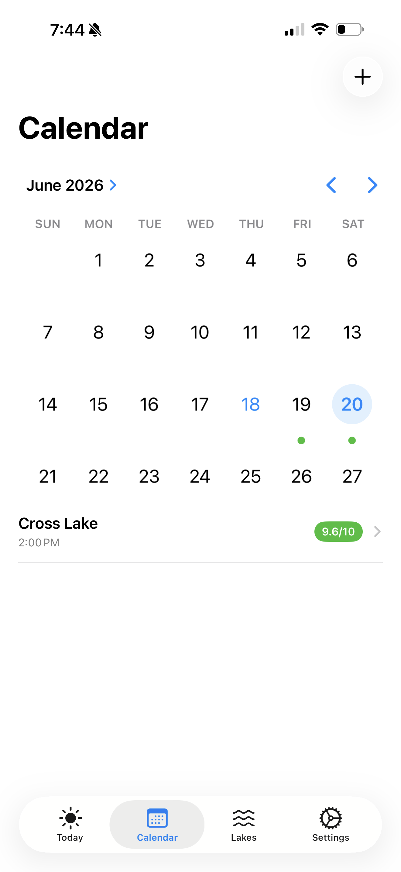 Calendar tab with score-colored dots on upcoming boating days