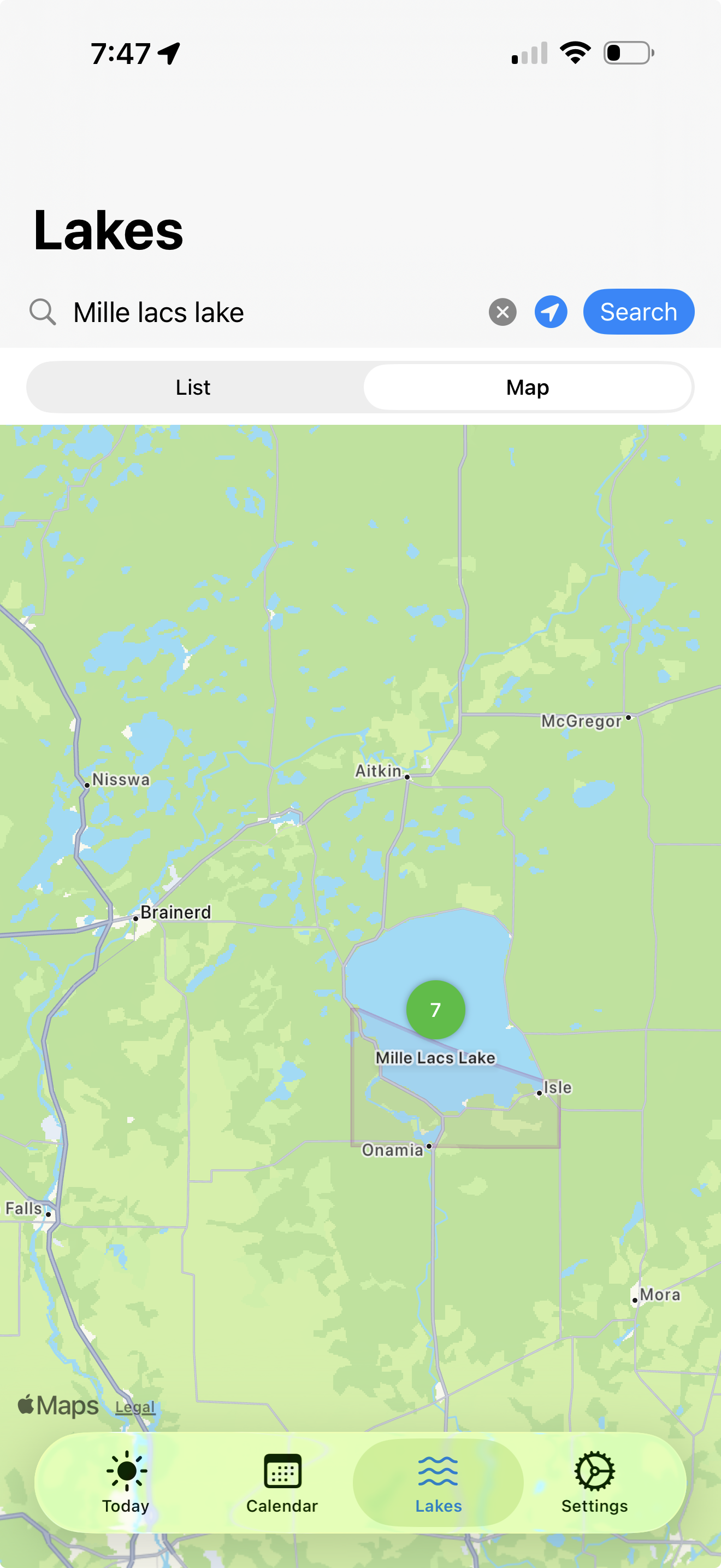 Map view of nearby lakes with score-colored pins