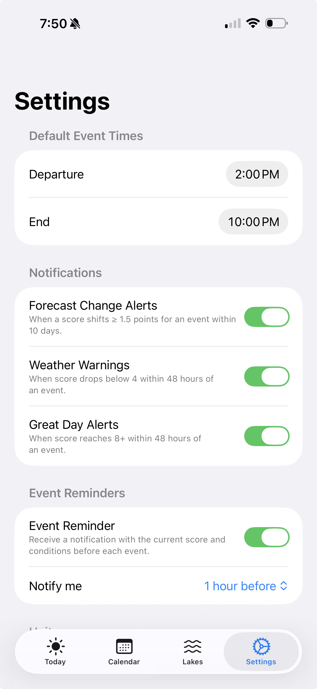 Settings tab with units and notification preferences