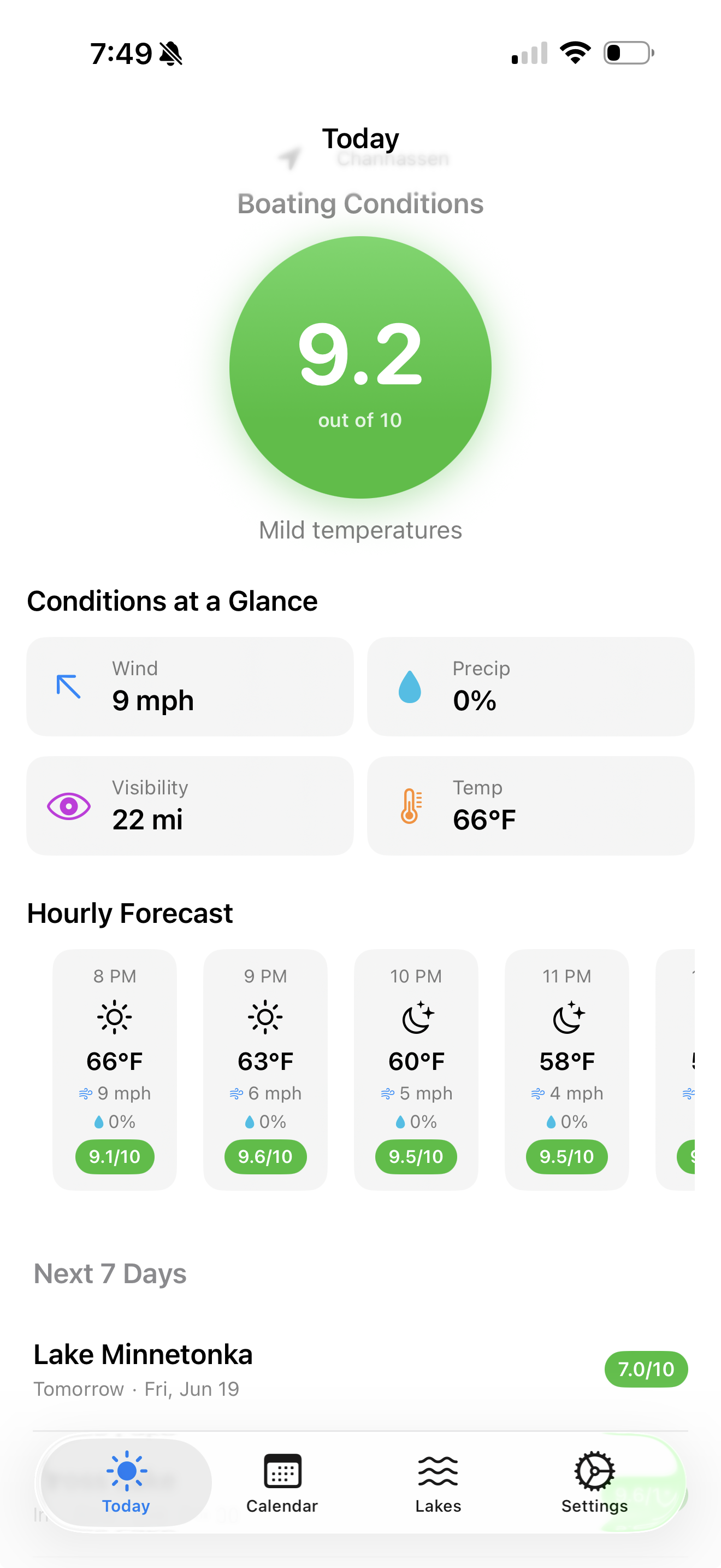 Today tab showing a large boating score and conditions at a glance