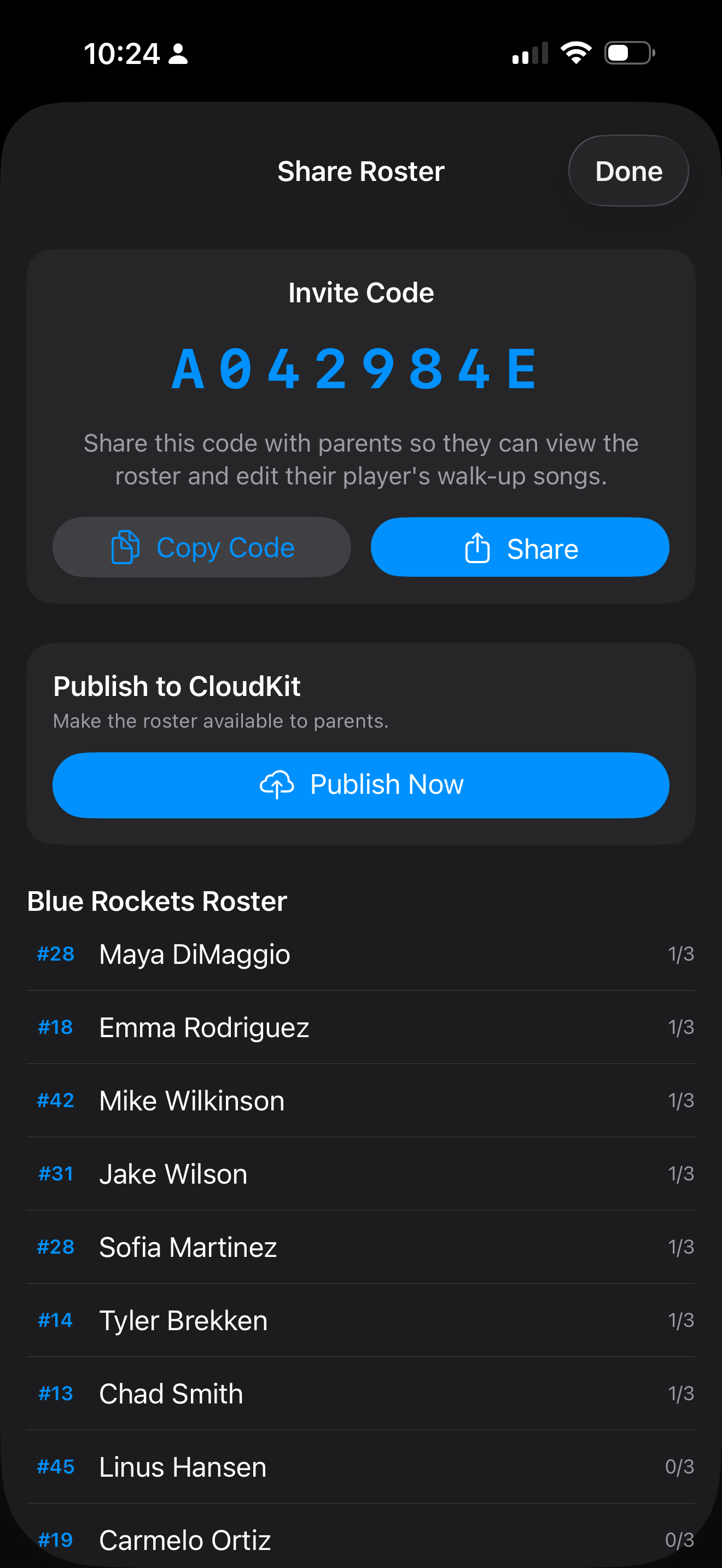 Share roster screen with invite code A042984E