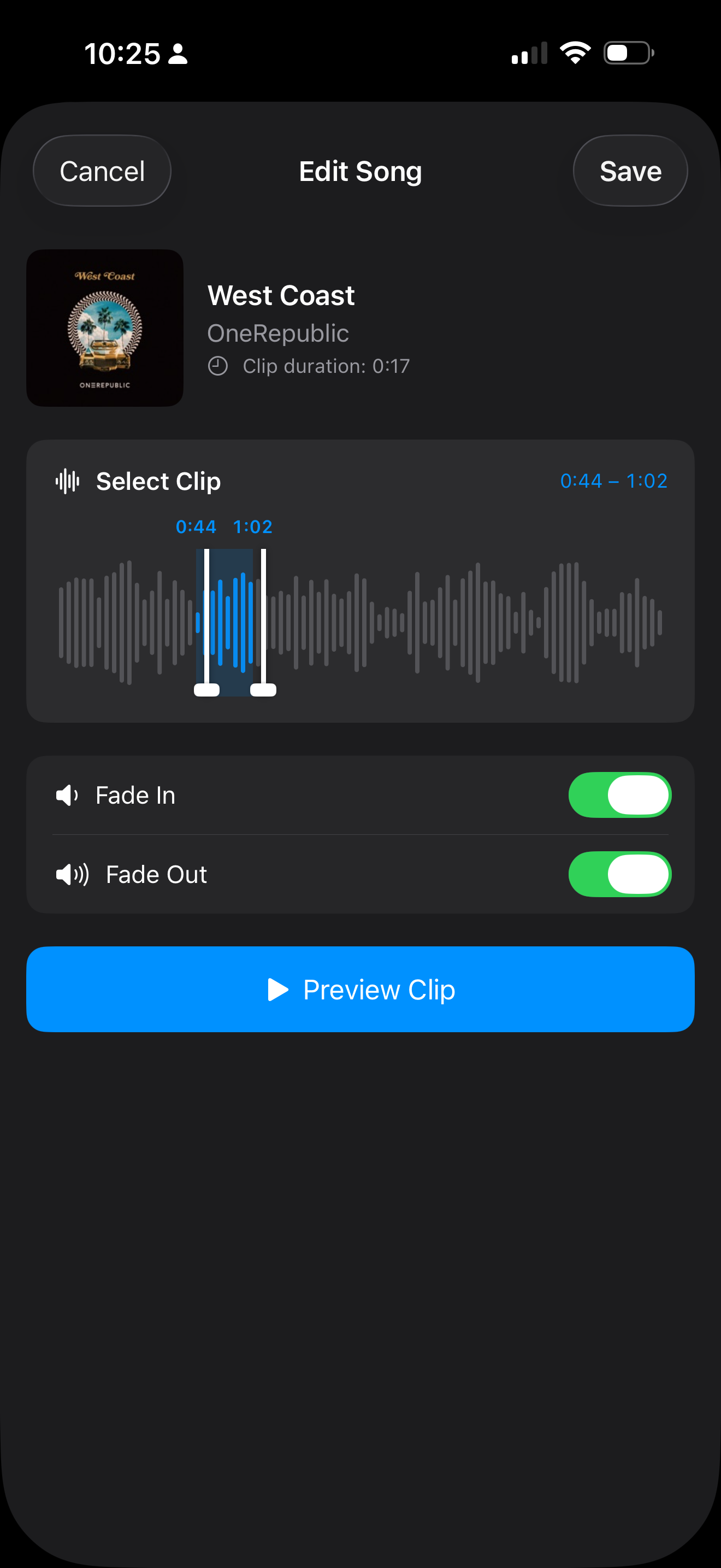 Song clip editor showing waveform for West Coast by OneRepublic
