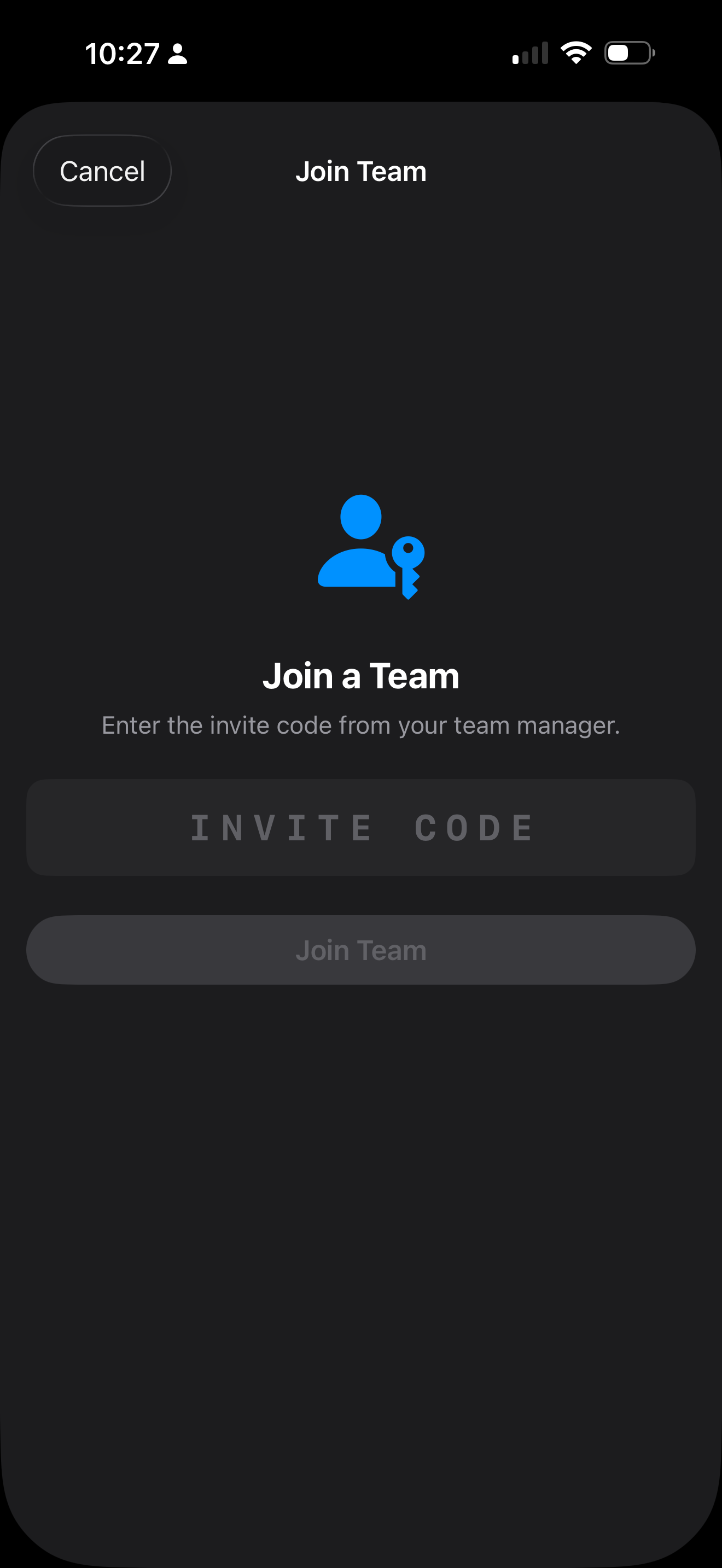 Join team screen with invite code entry