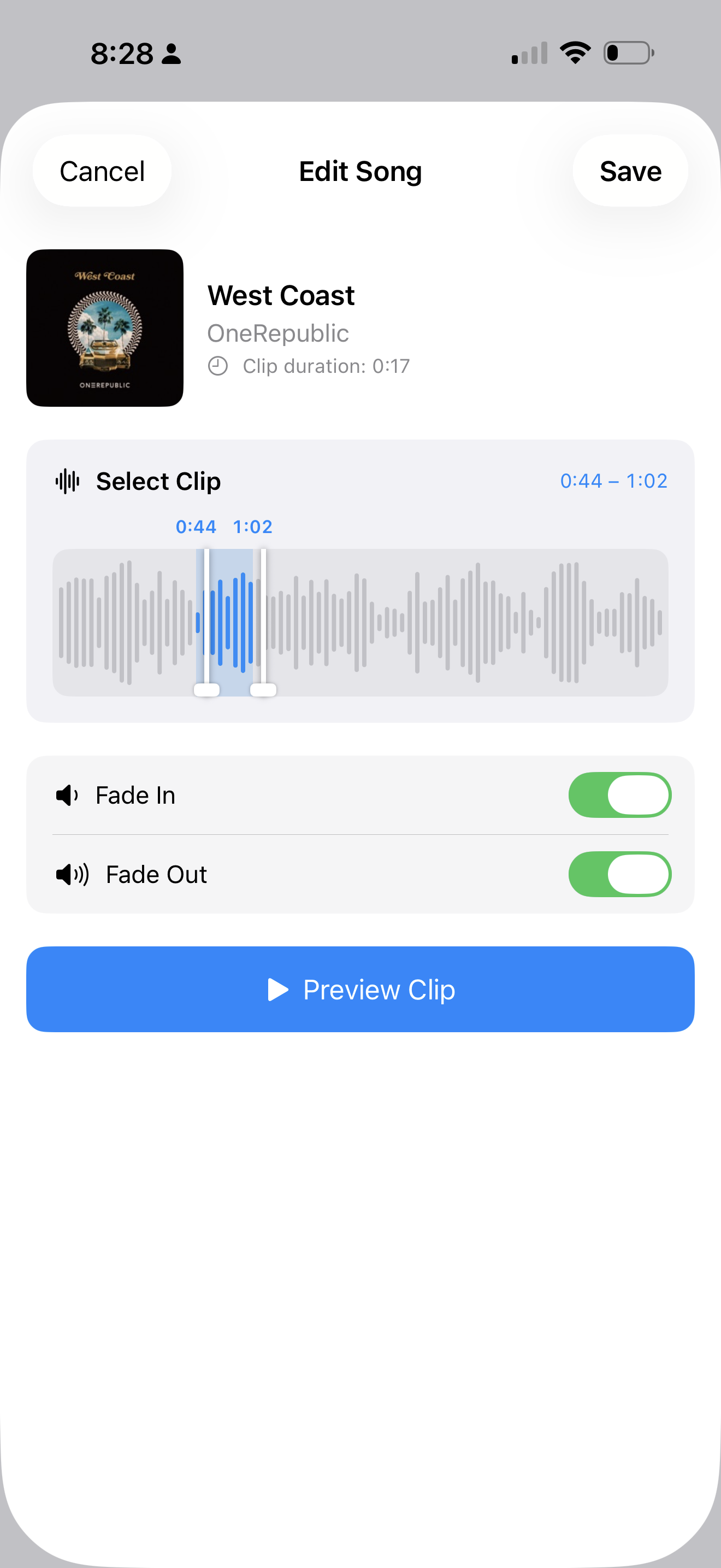 Edit song screen in light mode