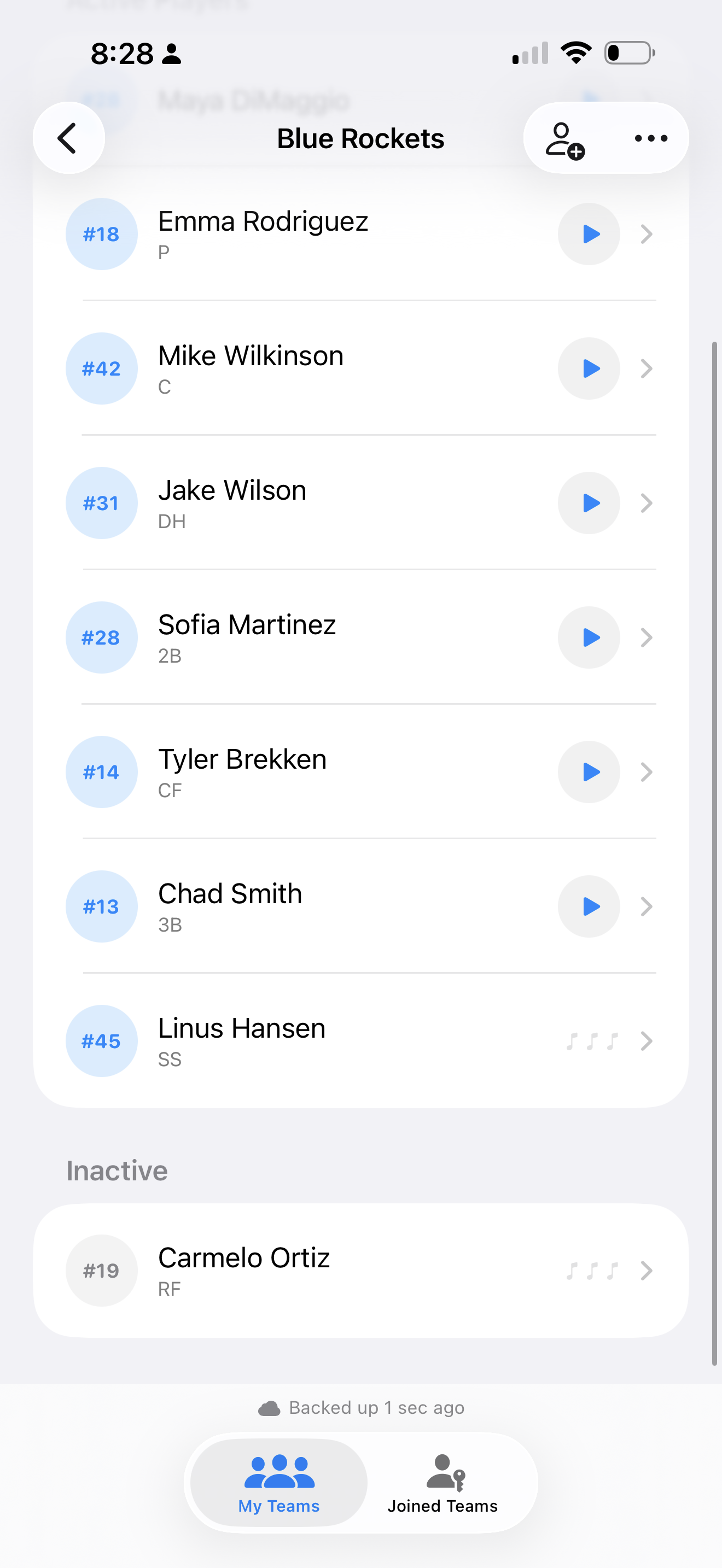Blue Rockets roster screen showing players