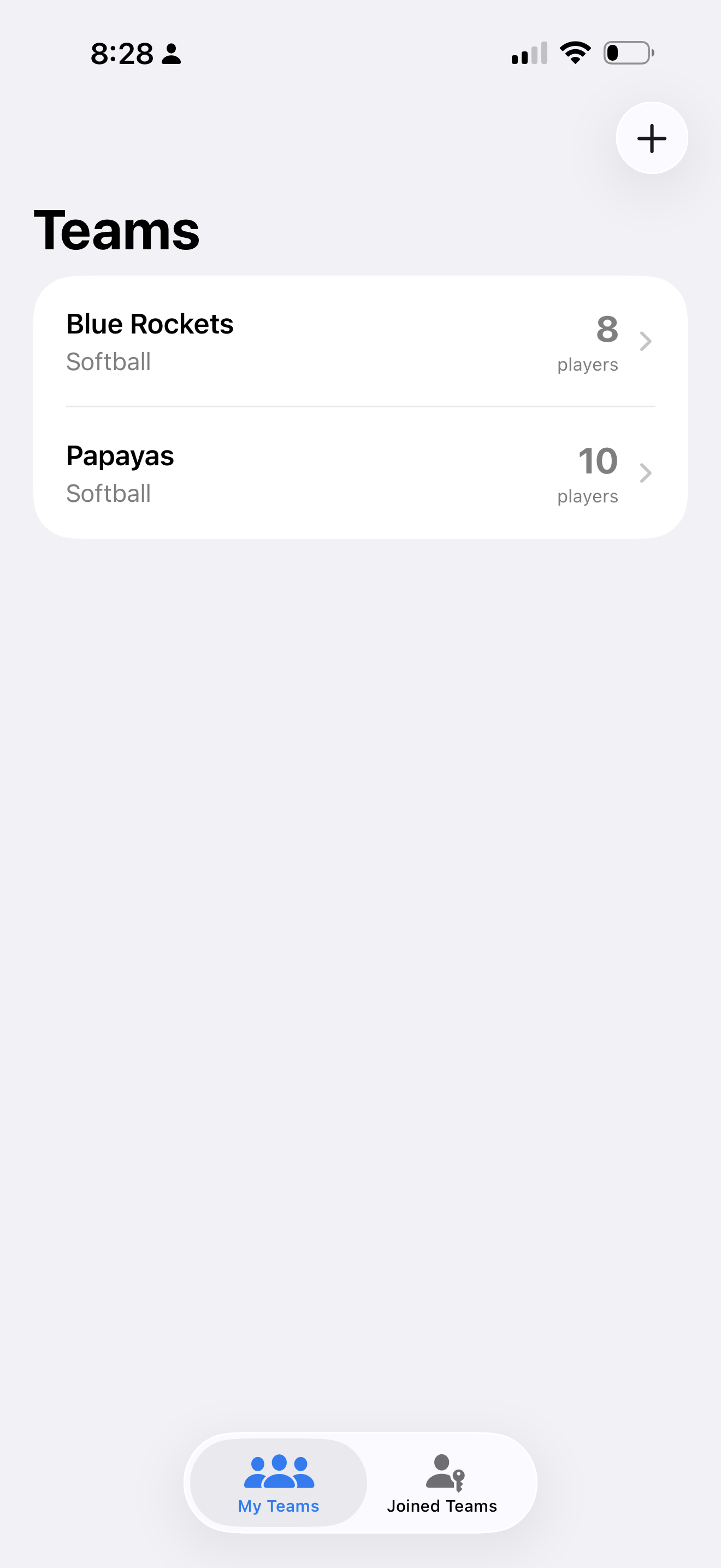 Teams home screen: Blue Rockets and Papayas